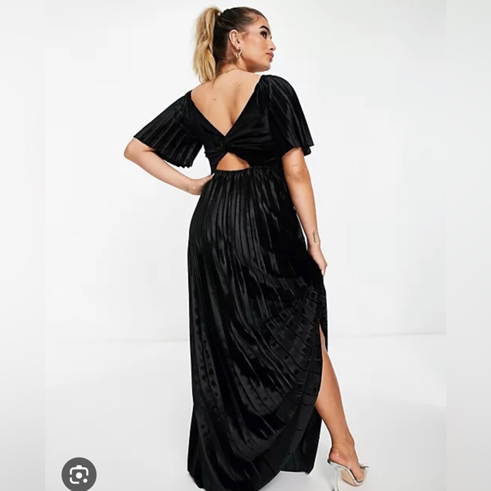 ASOS Black Velvet Maxi Dress - Pleated, Twist Back, Empire Waist - Size 16 Tall